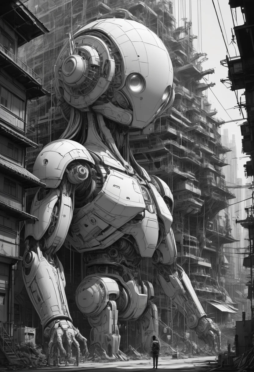 Anime line art, by Beeple, sketch, best quality, masterpiece, very aesthetic, perfect composition, intricate details, ultra-detailed, B&W