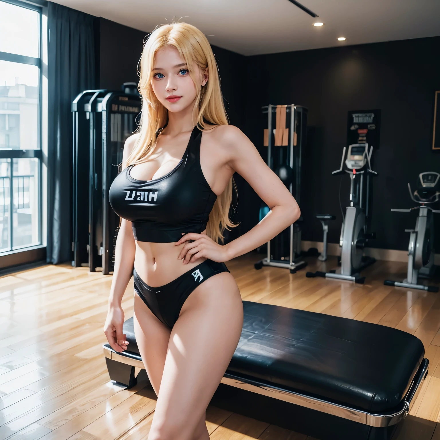 1girl, (Blue Eyes), (smiling :1.2), (Sana Minatozaki), wide hips, Big tits, big ass, toned legs, shiny body, (Best Quality, 8k, Masterpiece: 1.3), Clear Focus: 1.2, Perfect Body Beauty: 1.4, strong abs, Highly detailed face and skin texture, detailed eyes, double eyelids, (blond long straight hair :1.2), (black sportswear :1.3), standing, dynamic pose, in a room with wooden floors, exercise machines in the background
