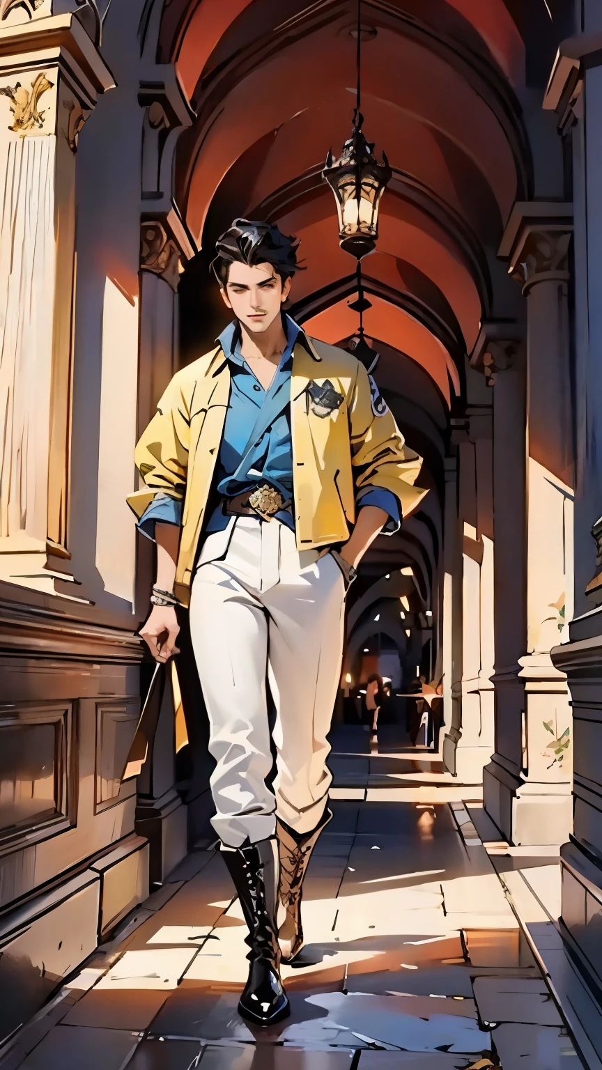 Set against the backdrop of an ancient fantasy-reality setting, um jovem com um corte militar platinado exibe um olhar penetrante e um comportamento confiante. Adorned in a two-piece fusion outfit, seamlessly blending western and eastern influences, He wears a comfortable dark top paired with a vibrant yellow-blue short jacket. Bottom half features loose white utility pants, and his long, sturdy boots echo through the halls of an old-fashioned architectural landscape. The overall aesthetic captures the essence of a refined and mature anime-inspired rogue, symmetrical face, olhos e rosto extremamente detalhados, olhos de alta qualidade, High definition, high resolution, pintura ultrafina, requintado e maduro, Extremamente Delicado, profissional, Anatomicamente Correto, criatividade, Ultra HD, HDR, 32k, Luz natural, cinematic lighting, melhor sombra, obra de arte-anatomy-perfect, Melhor qualidade, obra de arte, ultra-detalhado