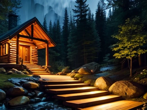 wooden cabin, dense forest, candles on the floor lighting the stone path, waterfall in the background with waterfalls at dusk