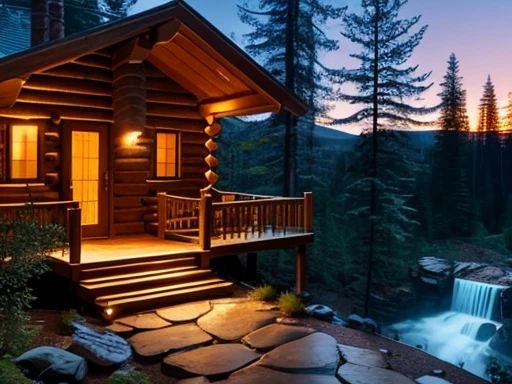 wooden cabin, dense forest, candles on the floor lighting the stone path, waterfall in the background with waterfalls at dusk