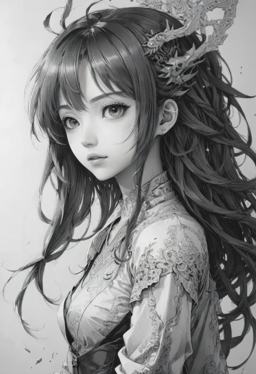 Anime line art, B&W, (masterpiece, best quality, perfect composition, very aesthetic, absurdres, ultra-detailed, intricate details, Professional, official art, Representative work:1.3), sketch by Lü_Ji