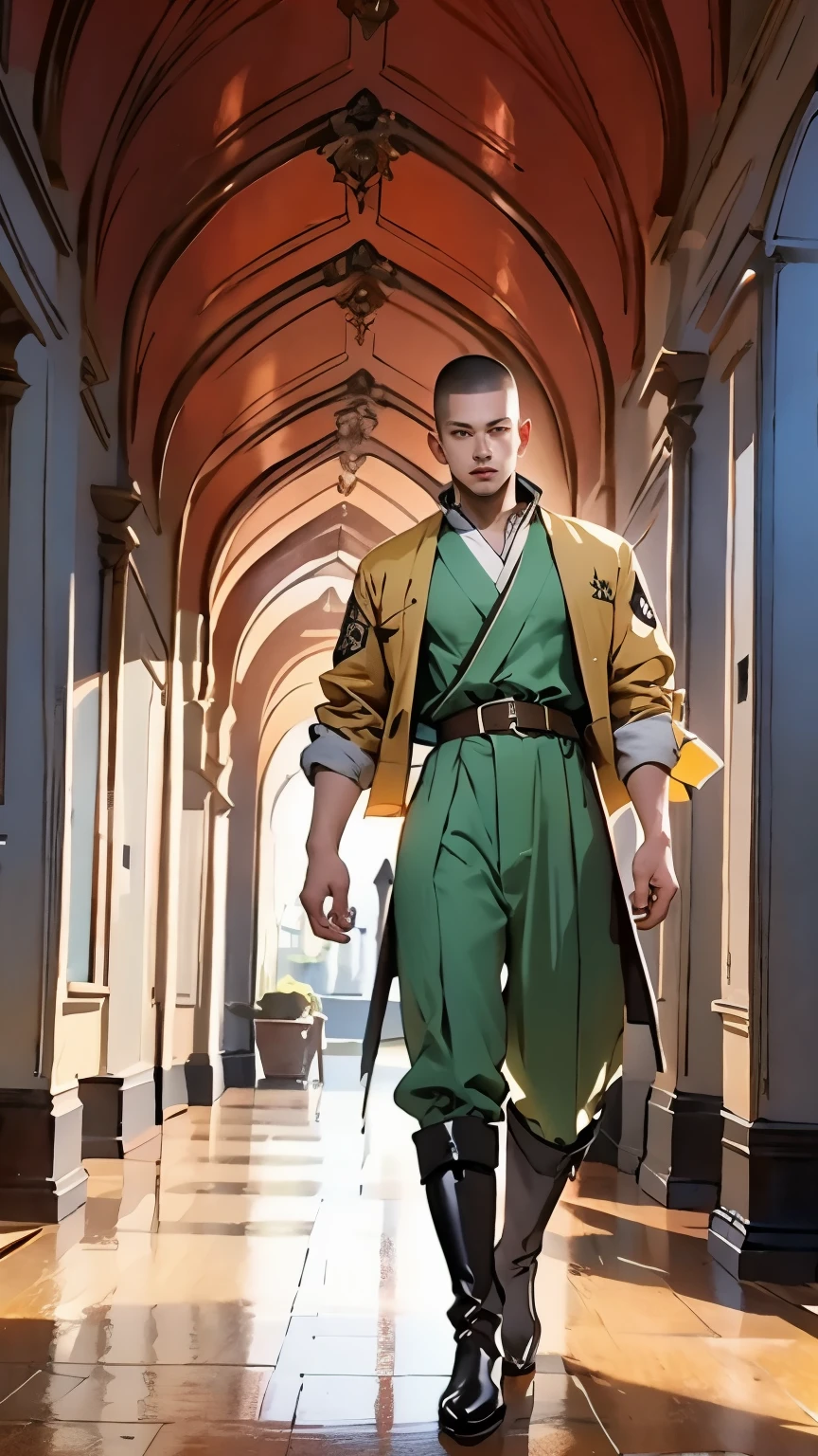 In the backdrop of an ancient fantasy-reality setting, a youth sporting a platinum crew cut displays a piercing gaze and confident demeanor. Adorned in a two-piece fusion outfit, seamlessly blending Western and Eastern influences, he wears a snug dark top paired with a vibrant yellow-blue short jacket. The lower half features loose white utility pants, and his sturdy long boots echo through the corridors of an antiquated architectural landscape. The overall aesthetic captures the essence of a refined and mature anime-inspired rogue, symmetrical face, extremely detailed eyes and face, high quality eyes, high definition, highres, ultra-fine painting, exquisite and mature, extremely delicate, professional, anatomically correct, creativity, UHD, HDR, 32k, Natural light, cinematic lighting, best shadow, masterpiece-anatomy-perfect, best quality, masterpiece, ultra-detailed