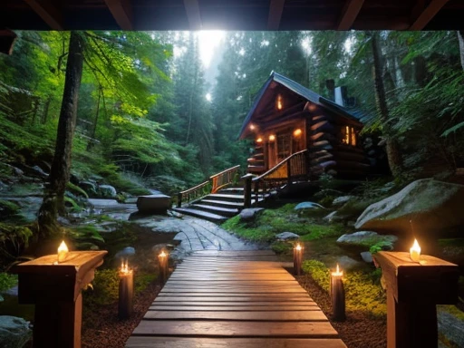 (A wooden cabin in a dense forest, candles on the floor lighting the stone path, waterfall in the background with waterfalls at dusk), high quality, ultra-detailed, realistic, portraits, vibrant colors, warm tones, soft lighting