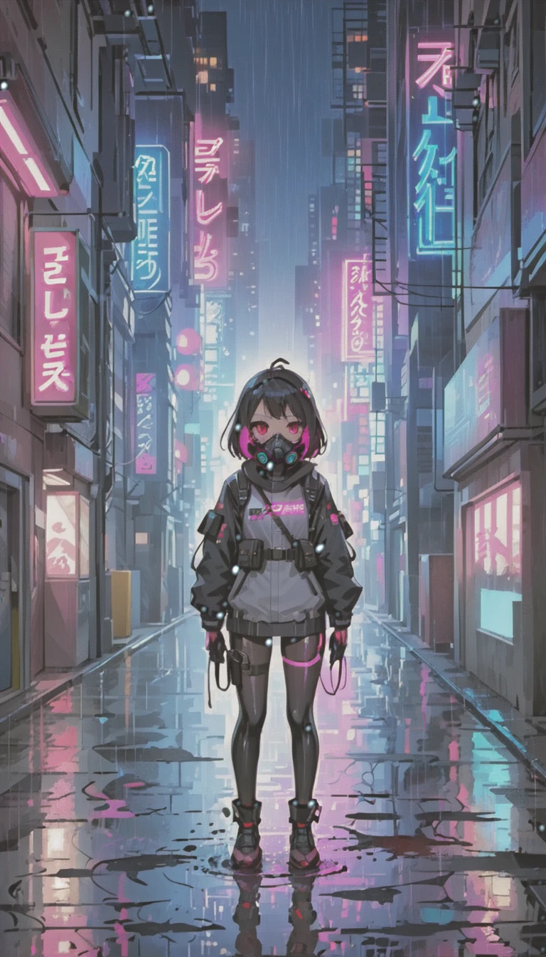 cyber punk，Cute Armed Girl，bob，The inner color of the hair is pink，Blood on the face，neon blue，neon pink，neon sign，narrow back alley，Underground，downtown at night，A lot of neon signiscellaneous，night rain，get wet in the rain，Reflected in a puddle，Mechanical Townscape，雑居ビルにneon sign，Electric wires are strung all over the place.，night town，Crow，railgun，A gas mask like Casshern，Red eyes glowing，end of the century，Make the neon shine brightly，Overall dark，Increase saturation