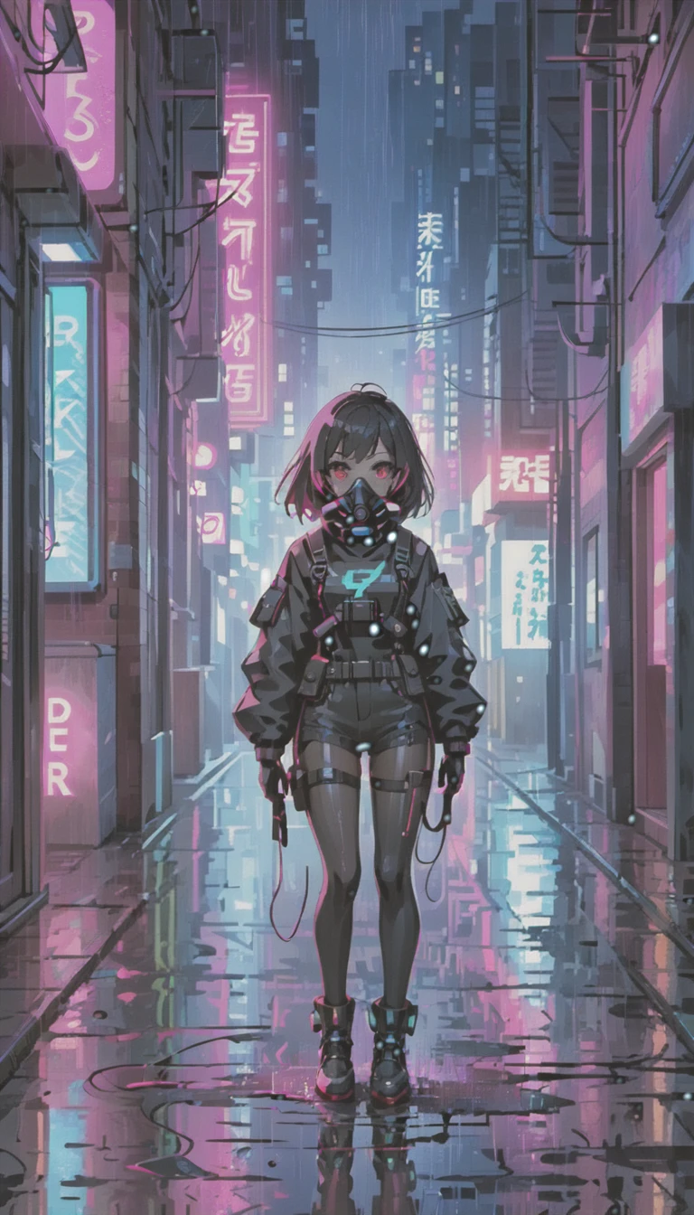 cyber punk，Cute Armed Girl，bob，The inner color of the hair is pink，Blood on the face，neon blue，neon pink，neon sign，narrow back alley，Underground，downtown at night，A lot of neon signiscellaneous，night rain，get wet in the rain，Reflected in a puddle，Mechanical Townscape，雑居ビルにneon sign，Electric wires are strung all over the place.，night town，Crow，railgun，A gas mask like Casshern，Red eyes glowing，end of the century，Make the neon shine brightly，Overall dark，Increase saturation