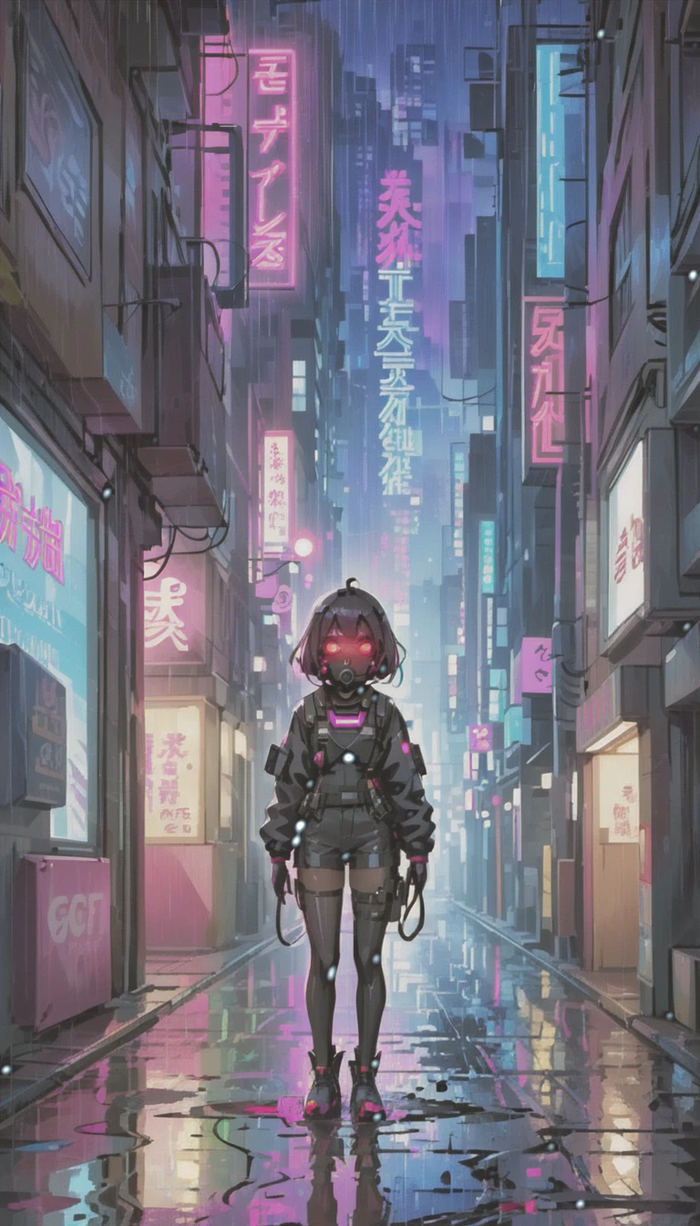 cyber punk，Cute Armed Girl，bob，The inner color of the hair is pink，Blood on the face，neon blue，neon pink，neon sign，narrow back alley，Underground，downtown at night，A lot of neon signiscellaneous，night rain，get wet in the rain，Reflected in a puddle，Mechanical Townscape，雑居ビルにneon sign，Electric wires are strung all over the place.，night town，Crow，railgun，A gas mask like Casshern，Red eyes glowing，end of the century，Make the neon shine brightly，Overall dark，Increase saturation