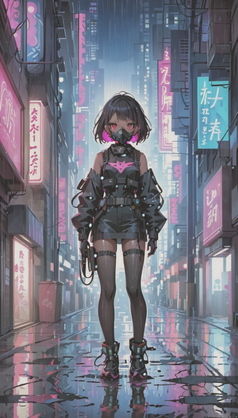 cyber punk，Cute Armed Girl，bob，The inner color of the hair is pink，Blood on the face，neon blue，neon pink，neon sign，narrow back alley，Underground，downtown at night，A lot of neon signiscellaneous，night rain，get wet in the rain，Reflected in a puddle，Mechanical Townscape，雑居ビルにneon sign，Electric wires are strung all over the place.，night town，Crow，railgun，A gas mask like Casshern，Red eyes glowing，end of the century，Make the neon shine brightly，Overall dark，Increase saturation