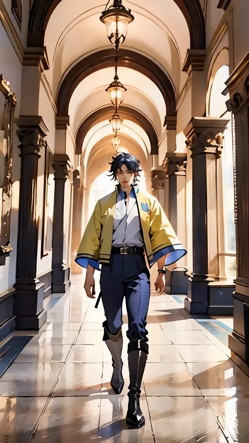 In the backdrop of an ancient fantasy-reality setting, a youth sporting a platinum crew cut displays a piercing gaze and confident demeanor. Adorned in a two-piece fusion outfit, seamlessly blending Western and Eastern influences, he wears a snug dark top paired with a vibrant yellow-blue short jacket. The lower half features loose white utility pants, and his sturdy long boots echo through the corridors of an antiquated architectural landscape. The overall aesthetic captures the essence of a refined and mature anime-inspired  rogue, symmetrical face, extremely detailed eyes and face, high quality eyes, high definition, highres, ultra-fine painting, exquisite and mature, extremely delicate, professional, anatomically correct, creativity, UHD, HDR, 32k, Natural light, cinematic lighting, best shadow, masterpiece-anatomy-perfect, best quality, masterpiece, ultra-detailed