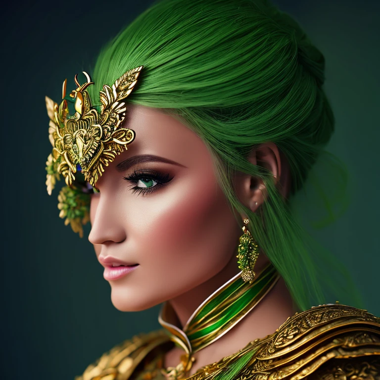 arte de fantasia, linda mulher, com cabelos compridos, cabelo de cor verde, armadura de cor verde escuro, armadura com decote, gold decoration, pairando, anatomia perfeita, olhos de cor verde, corpo inteiro perfeito, corpo com curvas perfeitas, approaching perfection, Dynamic, muito detalhado, suave, sharp focus, detalhes intrincados, muito detalhado, misterioso, Incredible, cinematic, arte digital, 4K,
