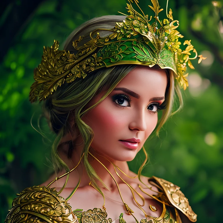  arte de fantasia, linda mulher, com cabelos compridos, cabelo de cor verde, armadura de cor verde escuro, armadura com decote, gold decoration, pairando, anatomia perfeita, olhos de cor verde, corpo inteiro perfeito, corpo com curvas perfeitas, approaching perfection, Dynamic, muito detalhado, suave, sharp focus, detalhes intrincados, muito detalhado, misterioso, Incredible, cinematic, arte digital, 4K,