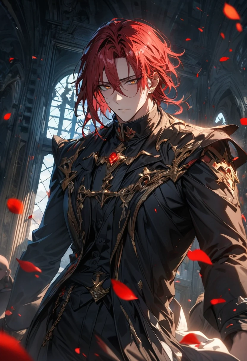 absurdres, highres, ultra detailed, HDR), master piece, best quality, Marian Cross, long red hair, expressive golden eyes, D Gray Man, 1man, handsome, black clothes, window, moon, red petals