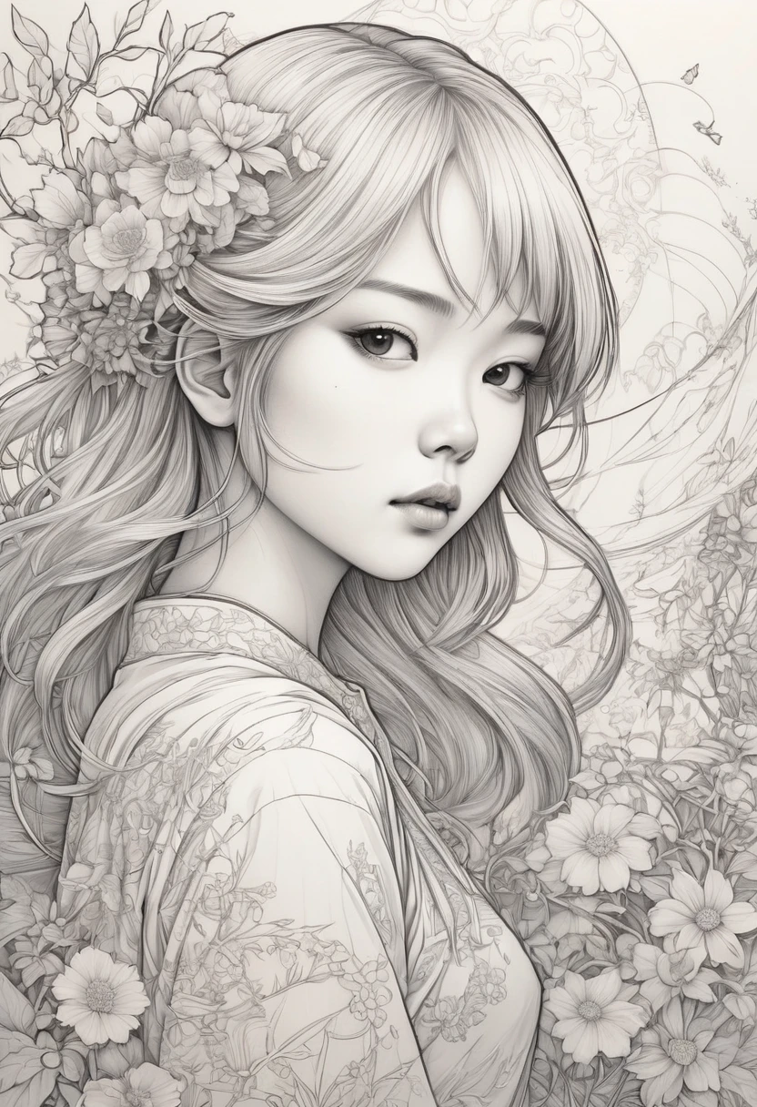 Anime line art, by Audrey Kawasaki, sketch, best quality, masterpiece, very aesthetic, perfect composition, intricate details, ultra-detailed, B&W