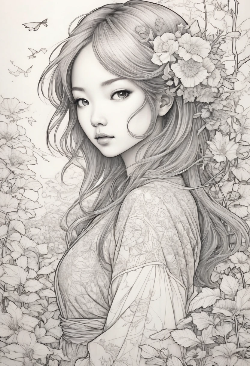 Anime line art, by Audrey Kawasaki, sketch, best quality, masterpiece, very aesthetic, perfect composition, intricate details, ultra-detailed, B&W