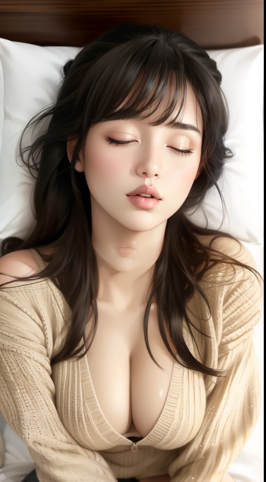 girl,long hair,black hair,bangs,ponytail,swollen lips,painted lips, thick lips,reveal cleavage, erotic, ,huge breasts,older sister,sweater,28 years old,shiny skin, lying on bed, head on pillow, facing up