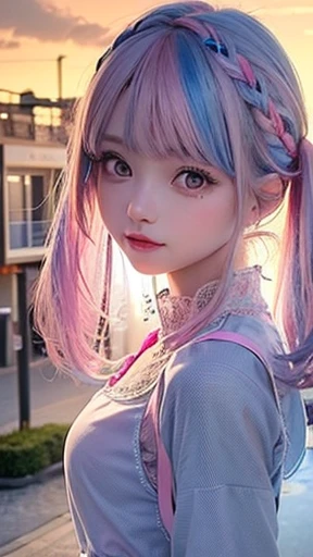 small face、 (alone:1.5,)Super detailed,bright colors, very beautiful detailed anime face and eyes, look straight, shiny_skin,girl, (((rainbow colored hair, colorful hair, Half blue、half pink hair: 1.2))), 、shiny hair, delicate beautiful face, blush、Glasses、(turquoise eyes), , Valletta, earrings,、flower garden、sunset、(((Stylish lace mini skirt,Translucent shirt)))、(twin tails)、smile、happy face、face dyed red、cheerful pose、dynamic、Head to toe full body portrait、(I can see the whole body)