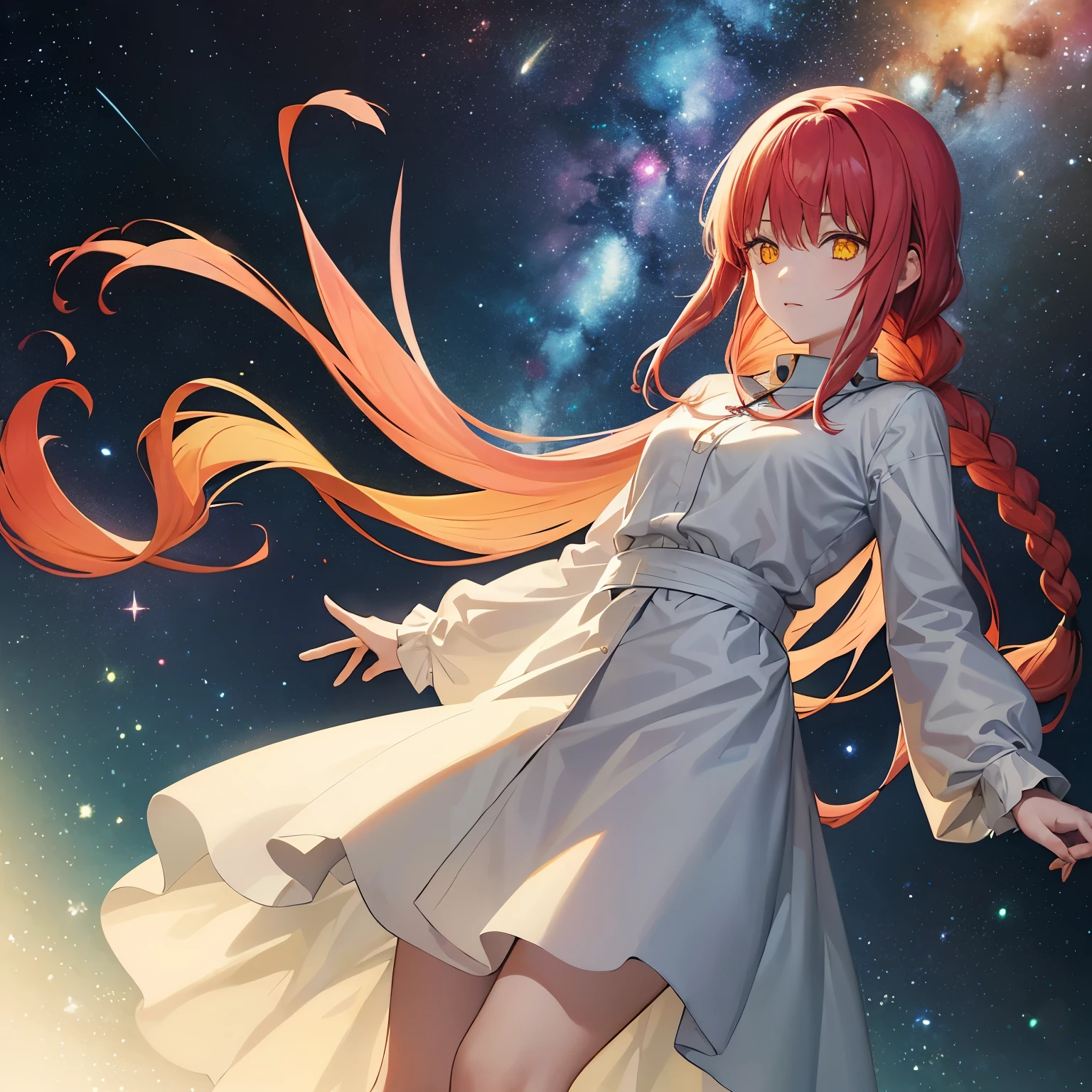 1 Girl, Makima from Chainsaw Man, Cosmic makima, long red hair, yellow eyes, long-sleeved white tunic, pale skin, white horns, cosmic space background, good lighting, galaxies, stars, planets