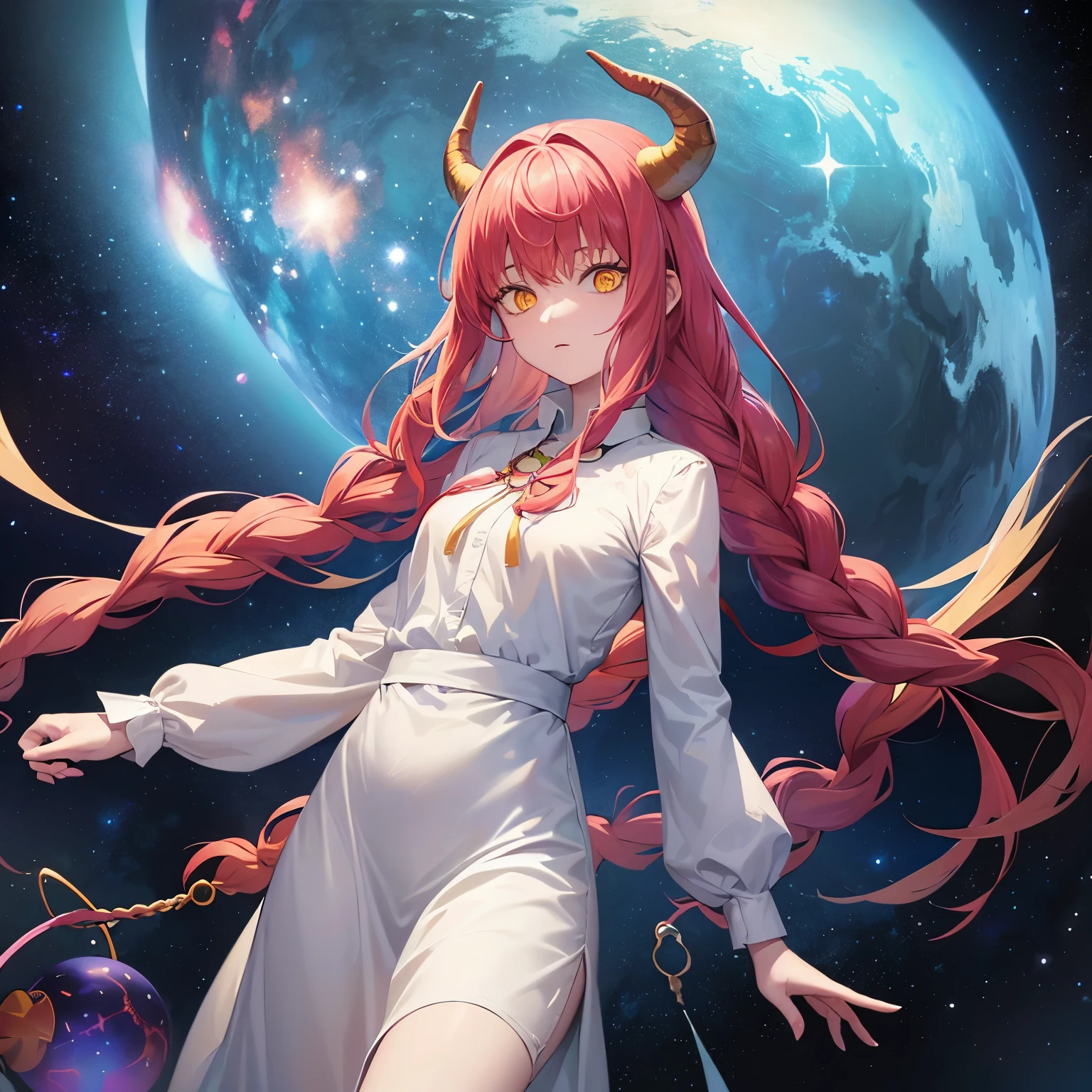 1 Girl, Makima from Chainsaw Man, Cosmic makima, 8 arms, long red hair, yellow eyes, long-sleeved white tunic, pale skin, white horns, cosmic space background, good lighting, galaxies, stars, planets