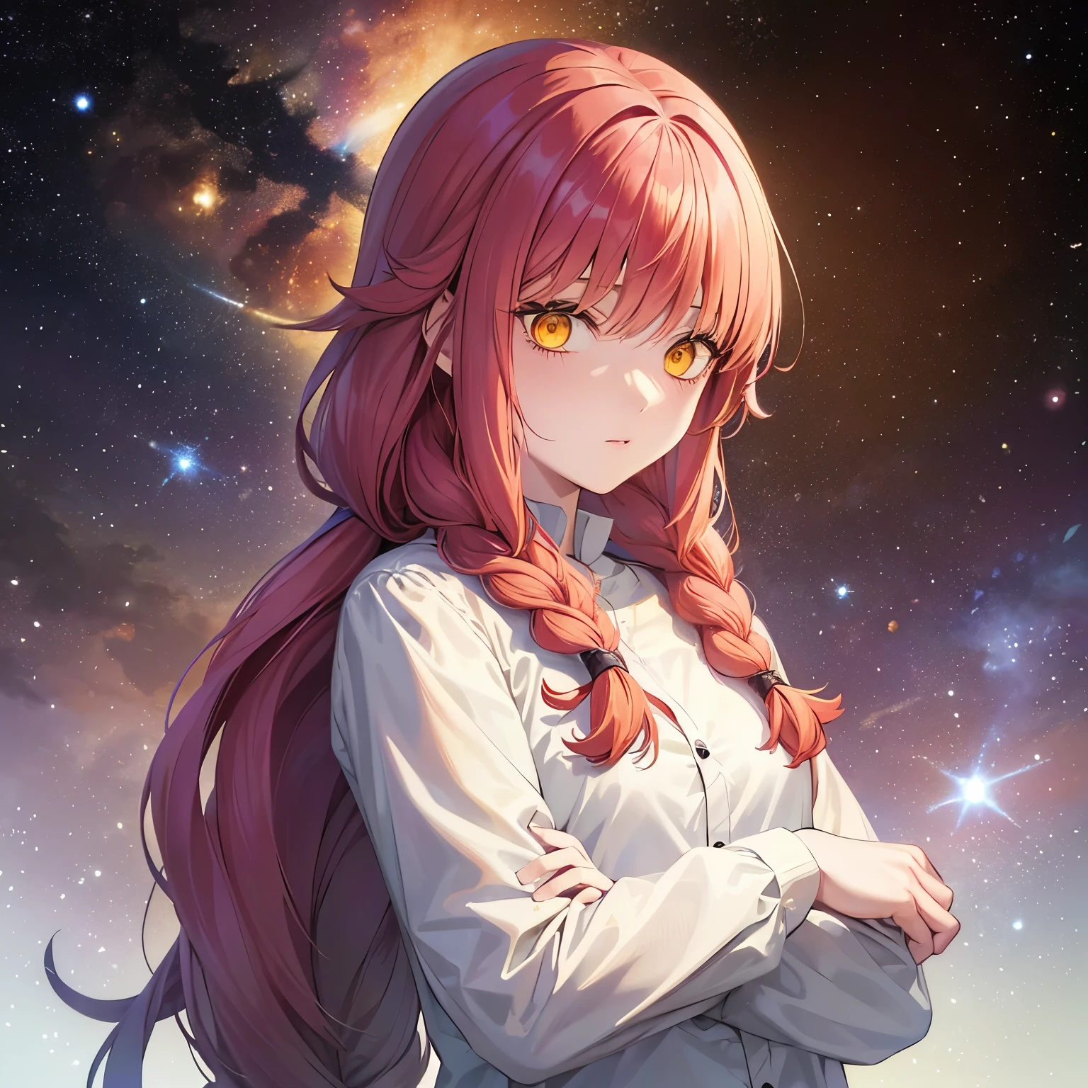 1 Girl, Makima from Chainsaw Man, Cosmic makima, long red hair, yellow eyes, long-sleeved white tunic, pale skin, white horns, cosmic space background, good lighting, galaxies, stars, planets