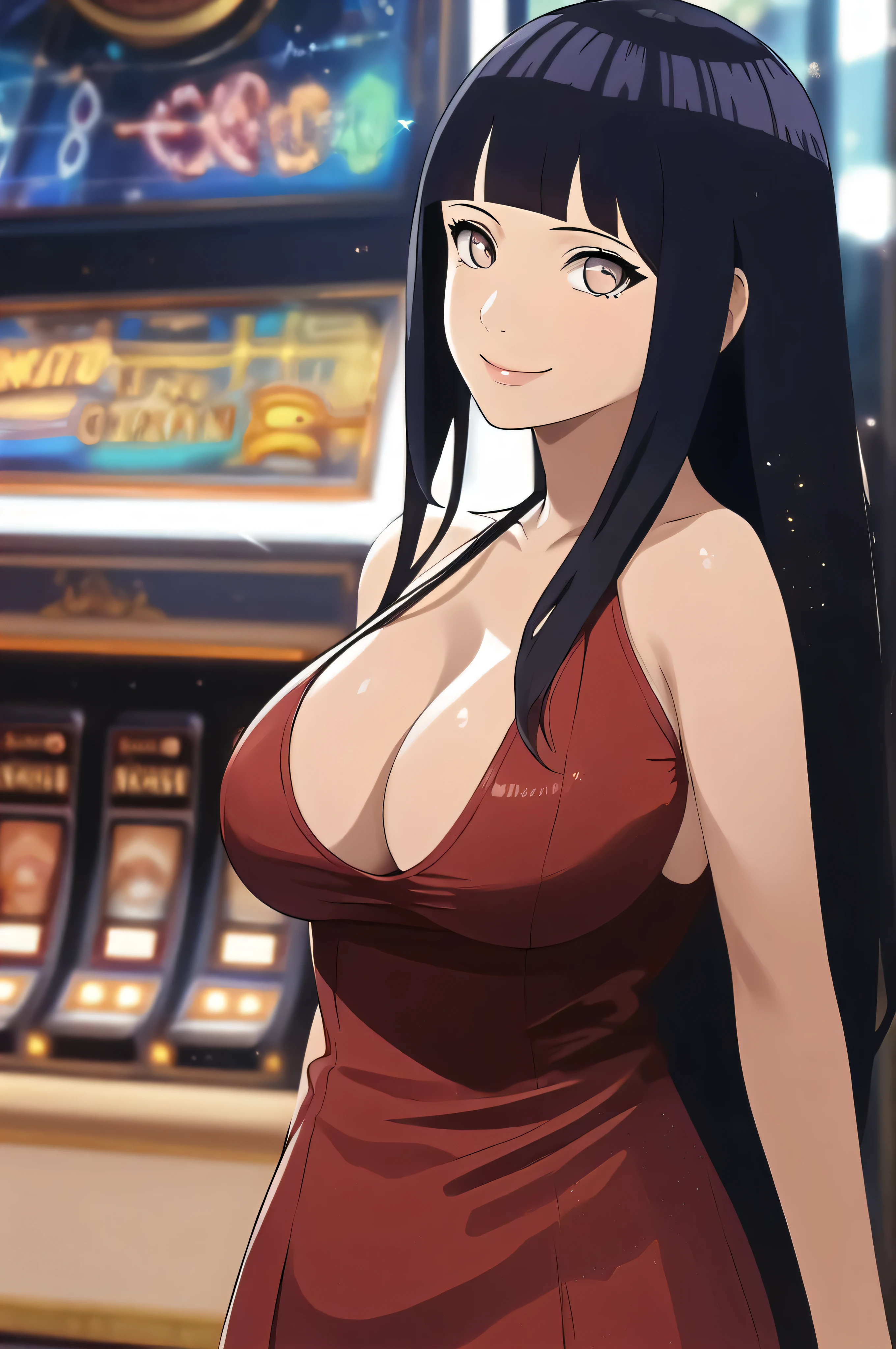 hinata1 a woman, masterpiece, best quality, 1girl, hinata, flirty, seductive, black hair, long hair, white eyes, solid eyes, large breasts, solo, looking at viewer, dress, skin tight dress, big breasts, huge breasts, cute smile, shy smile, blushed smile, big ass, huge ass, at casino, slot machines, holding drink, taking sip, cute dress, sparkly dress, red glitter dress, cleavage, full frame, body in frame, full body shot 