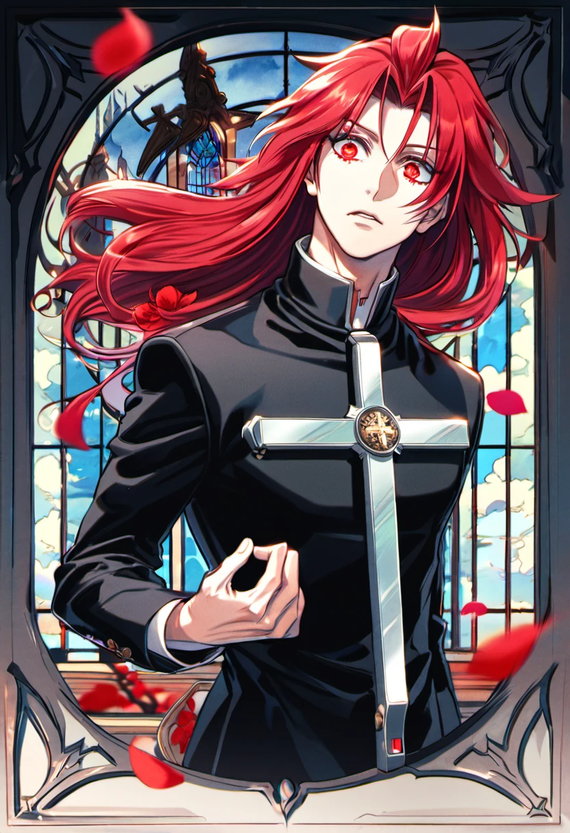 a man with dark skin with curly red hair, he wears a pink shirt with a brown coat and a necklace with an inverted cross attached to it as a pendant, he has red eyes with distorted pupils and a three-pointed scar in the middle of his head. forehead, he wears red pebble earrings, he wears black dress pants and mid-calf boots with high heels, he has a horrifying smile with several crooked teeth, he stares at you in an extremely frightening way, he is handsome with a elegant yet extremely hideous and strange way.