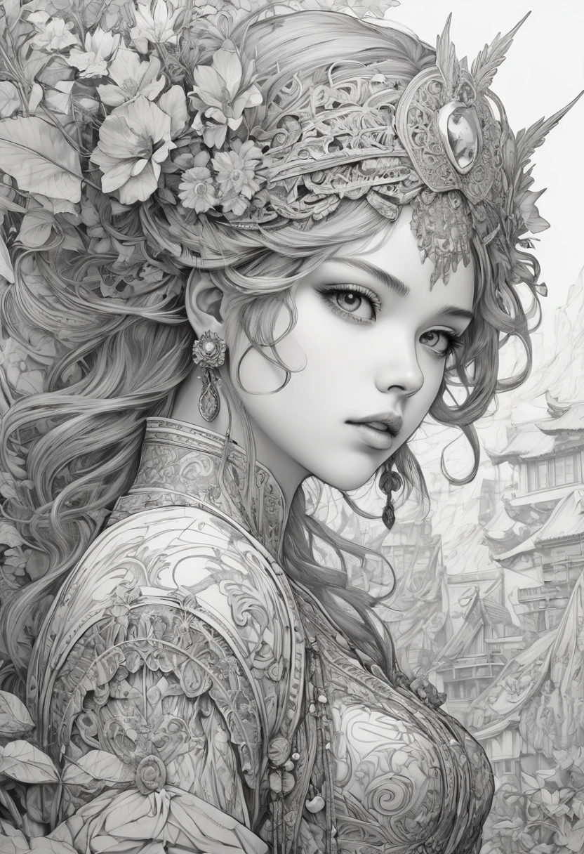 Anime line art, by Alexandra Petruk, sketch, best quality, masterpiece, very aesthetic, perfect composition, intricate details, ultra-detailed, B&W