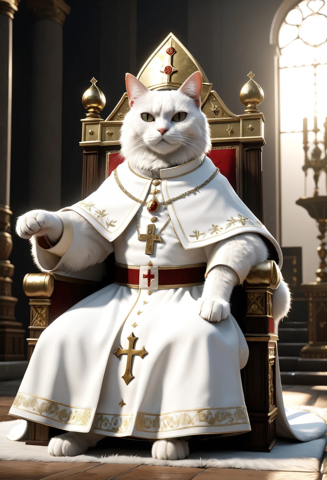 ultra high quality, 4k, unreal engine 5, white fur cat, cat dressed as pope, cat on watykan throne,