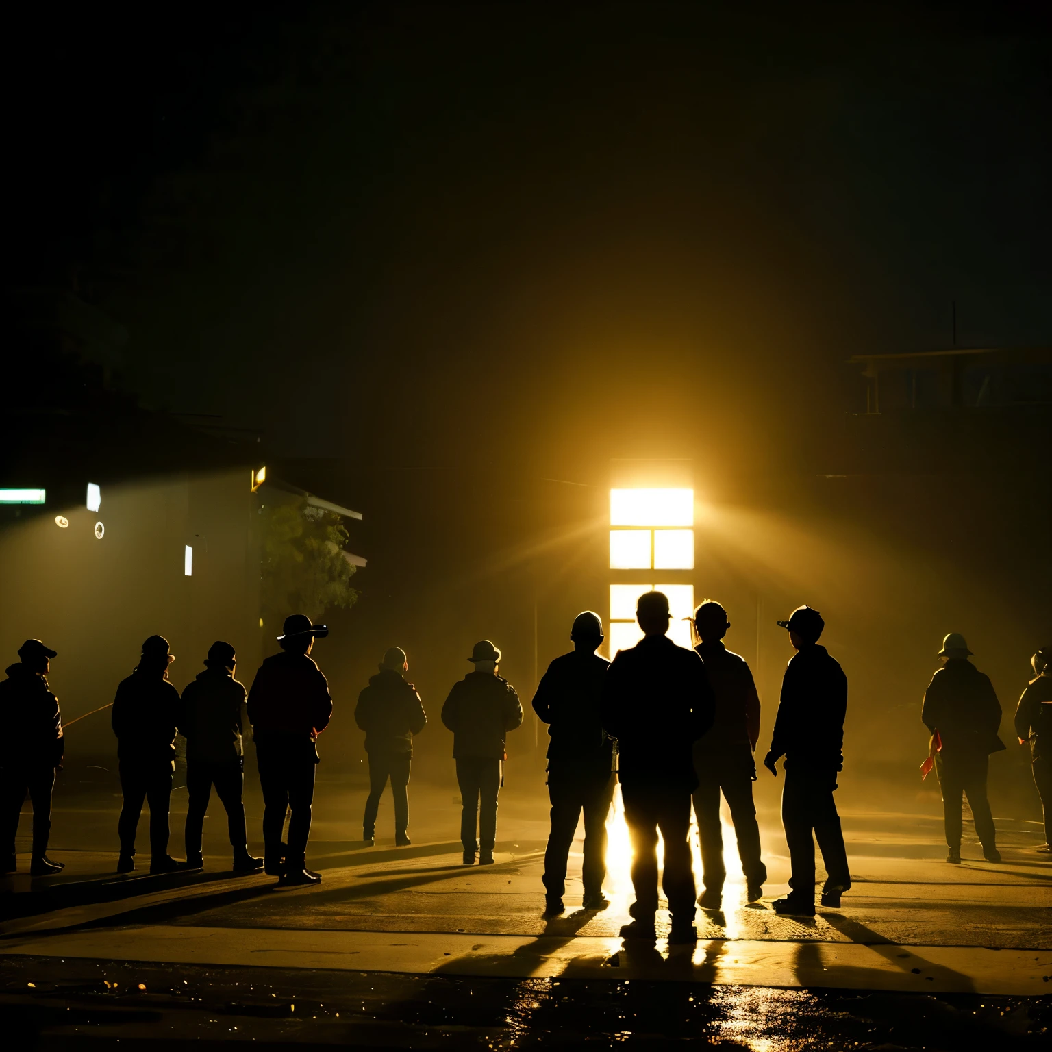 Male, Japanese, 5 people, workers, applause, front, backlit, disaster area