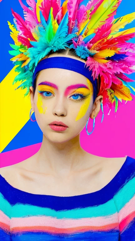The image shows a person with a vibrant and colorful makeup and hairstyle. The individual has a bold, colorful eye makeup with blue and pink hues, and their cheeks are adorned with a similar color palette. They are wearing a headpiece that appears to be made of colorful, fluffy materials, possibly feathers or a similar texture, in shades of red, blue, and pink. The person is also wearing a garment with a bright yellow and blue striped pattern.

The background is a colorful abstract painting with splashes of blue, yellow, and red, which complements the overall colorful theme of the image. The person is holding a pencil, suggesting they might be involved in some form of artistic activity. The overall aesthetic of the image is playful and artistic, with a strong emphasis on color and creativity.