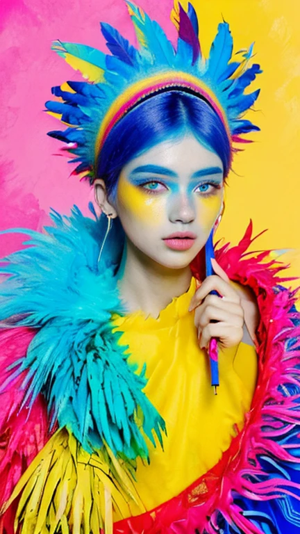 The image shows a person with a vibrant and colorful makeup and hairstyle. The individual has a bold, colorful eye makeup with blue and pink hues, and their cheeks are adorned with a similar color palette. They are wearing a headpiece that appears to be made of colorful, fluffy materials, possibly feathers or a similar texture, in shades of red, blue, and pink. The person is also wearing a garment with a bright yellow and blue striped pattern.
The background is a colorful abstract painting with splashes of blue, yellow, and red, which complements the overall colorful theme of the image. The person is holding a pencil, suggesting they might be involved in some form of artistic activity. The overall aesthetic of the image is playful and artistic, with a strong emphasis on color and creativity.