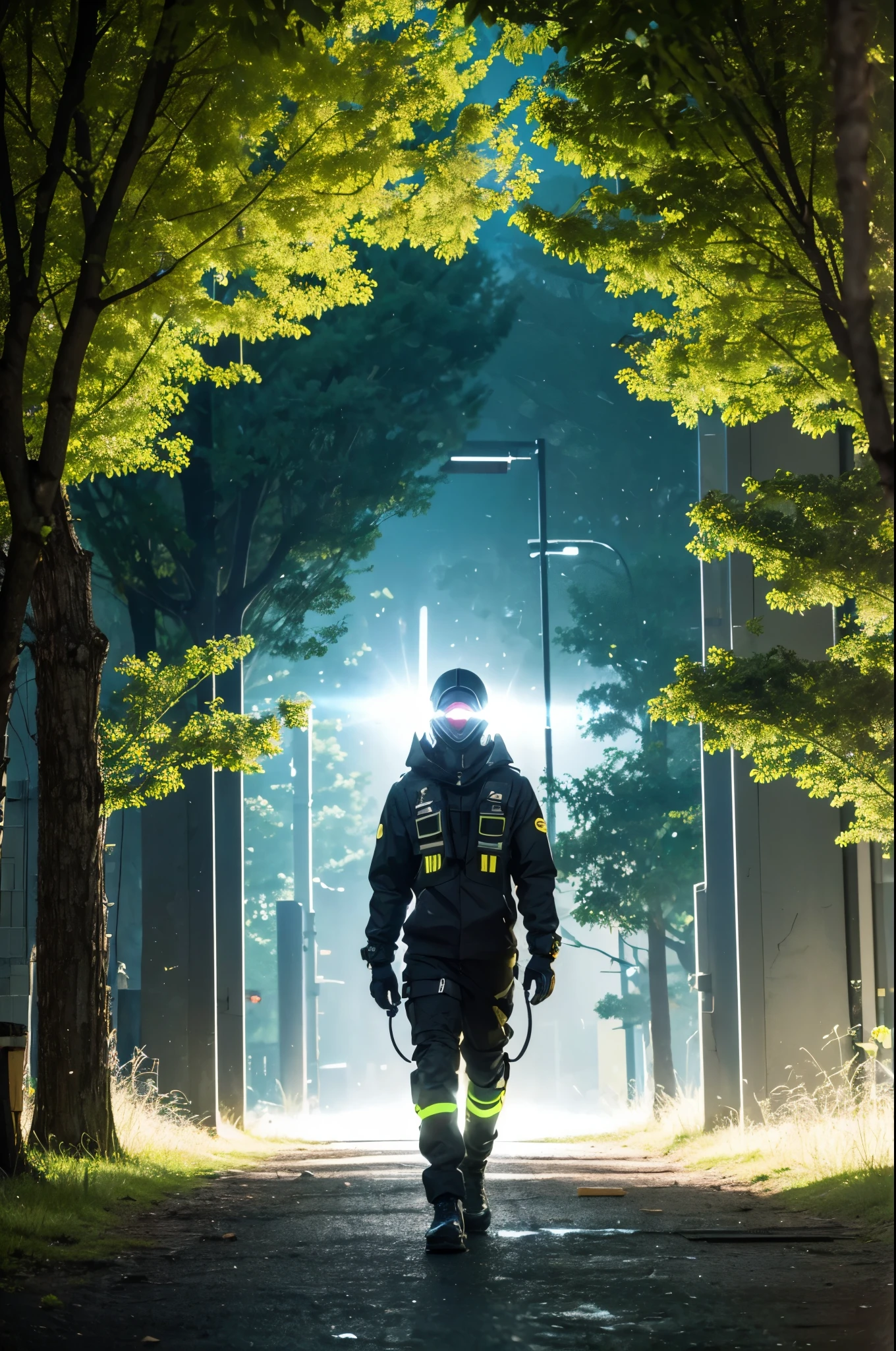 cyberpunk, 18-year-old Caucasian male with dark hair wearing a black gas mask with yellow filters, standing outdoors with trees and a vehicle in the background, vaporwave, neon colors, science fiction, detailed scene