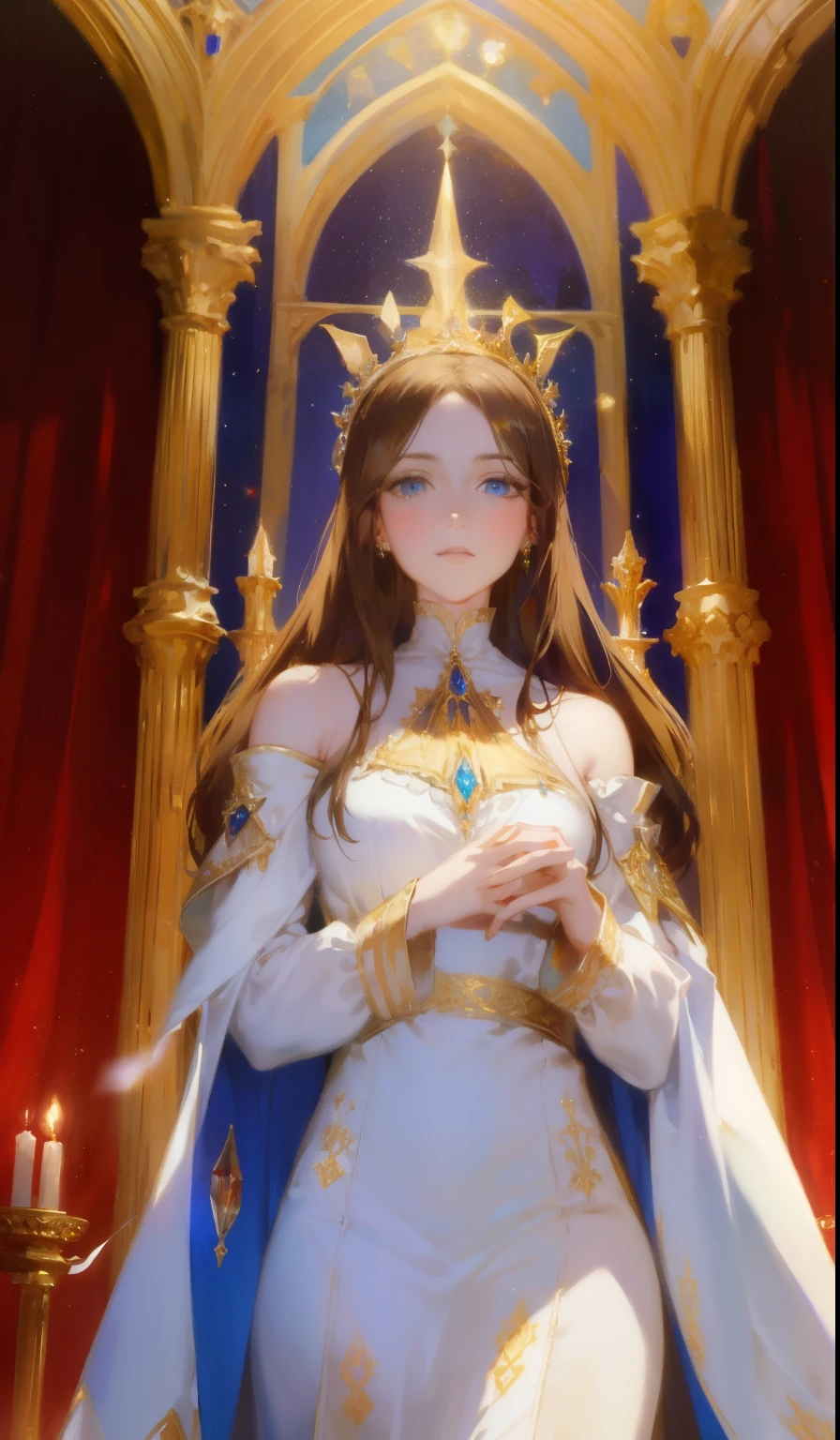 Fantasy, 19th century, empress, woman, delicate face, pale brown long hair, blue eyes, in a white royal dress with open shoulders, gold patterns on fabric, crystal jewelry, with a scarlet ribbon over the shoulder with the regalia of the monarch, Gothic castle made of white stone on the background, light, day, hd