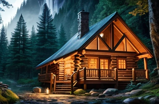 (A wooden cabin in a dense forest, candles on the floor lighting the stone path, waterfall in the background with waterfalls at dusk), high quality, ultra-detailed, realistic, portraits, vibrant colors, warm tones, soft lighting