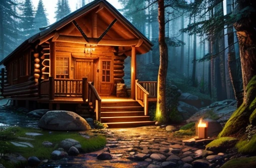 (A wooden cabin in a dense forest, candles on the floor lighting the stone path, waterfall in the background with waterfalls at dusk), high quality, ultra-detailed, realistic, portraits, vibrant colors, warm tones, soft lighting