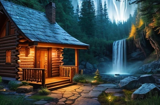 (A wooden cabin in a dense forest, candles on the floor lighting the stone path, waterfall in the background with waterfalls at dusk), high quality, ultra-detailed, realistic, portraits, vibrant colors, warm tones, soft lighting