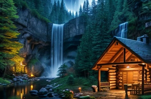 (A wooden cabin in a dense forest, candles on the floor lighting the stone path, waterfall in the background with waterfalls at dusk), high quality, ultra-detailed, realistic, portraits, vibrant colors, warm tones, soft lighting