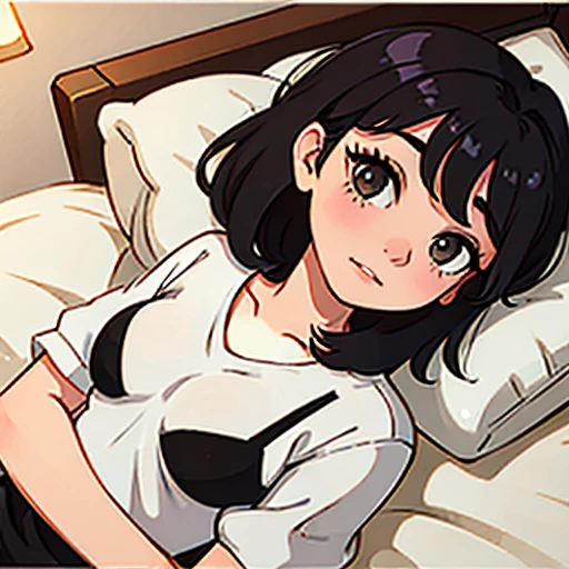Girl with black hair on a bed looking at the camera showing her vagina