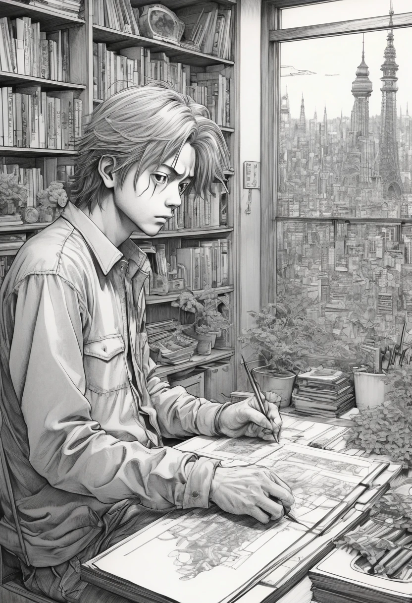 Anime line art, by Naoki Urasawa, sketch, best quality, masterpiece, very aesthetic, perfect composition, intricate details, ultra-detailed, B&W
