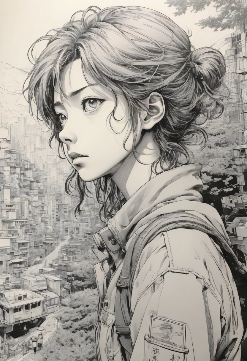 Anime line art, by Naoki Urasawa, sketch, best quality, masterpiece, very aesthetic, perfect composition, intricate details, ultra-detailed, B&W