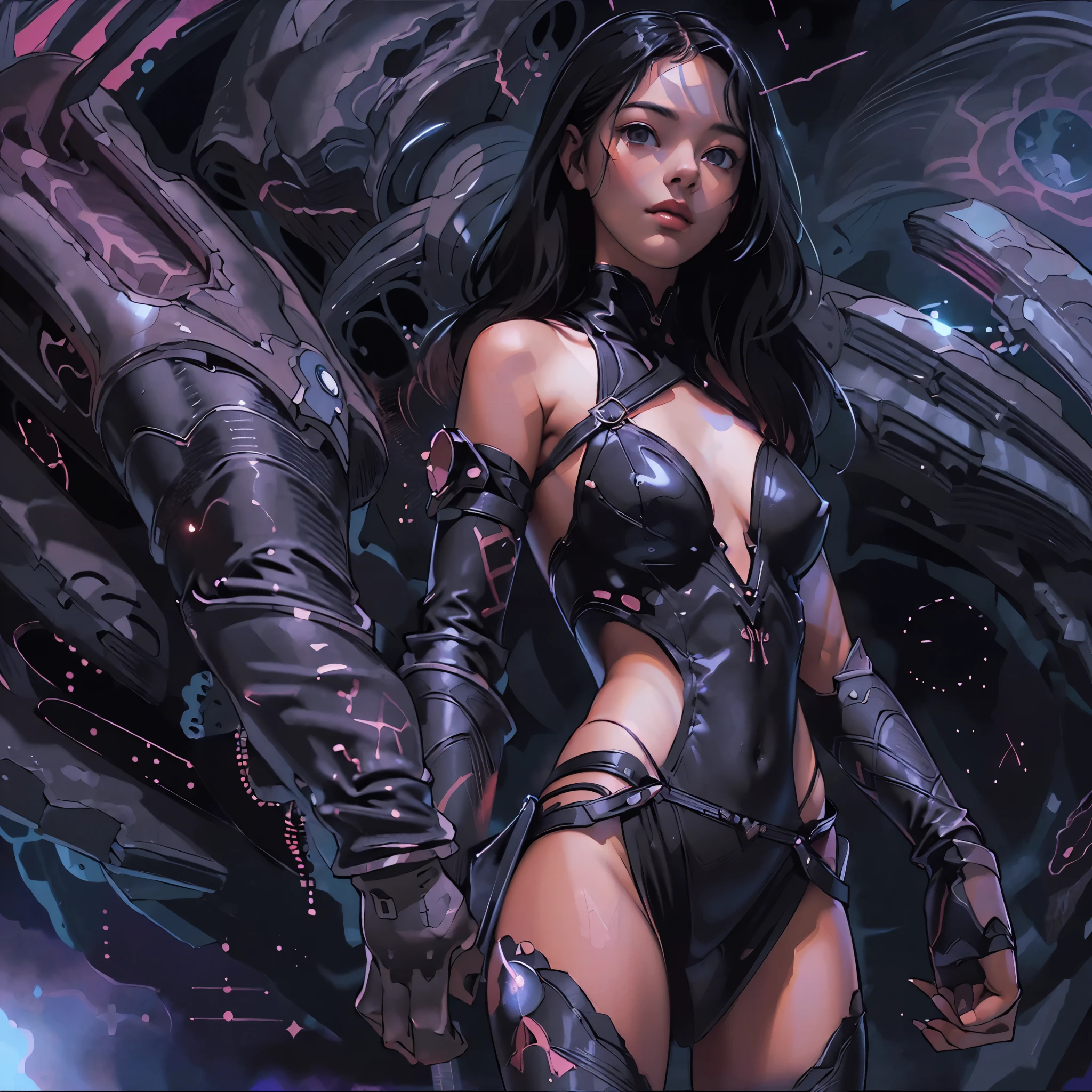 ((Create Odin girl +), (facing the viewer, standing close-up, full height), (smoke, fire), (thin graceful body, facing the viewer), (dynamic pose), (standing with legs wide apart) , (sexy), (delicate scarlet lips), (straight, black long hair), (small thong, short T-shirt, bare shoulders), (narrow hips, beautiful breasts))_((Artistic Stylization), (fantastic film- comic), (soft oil painting, digital painting), (elegant line, clear outline, high-quality drawing, shading))_((Simple color palettes), (color richness, saturation, harmony, balance), (background - dark, cold tones), (fantasy-horror, - cyberpunk, deep space, spaceship))_((Sexy, erotic), (hands in elbow pads, palms wearing tactical gloves), (bare thighs, thongs, bare belly-navel, minimal clothing ), (legs in combat knee pads, thigh-high stockings - sexy), (massive leather lace-up boots), (space design, dramatic scene, combat situation))_((Background, fantastic ship lock, (films; Lucas Arts, R.Sh. Giger "Alien", Giger's monsters, space monsters), (a stunning scene in a spaceship - "Alien" monsters), (warm contrasting light, cold shadows))_ ((Cinematic masterpiece, highest quality), (contrasting shadows, clear, bright light), (warm range of colors, contrasting light with cold shadows))_((Cinematic animation, ), (soft clear shapes, wide strokes, attention to detail), (16K | Ultra HD | Full HD)).