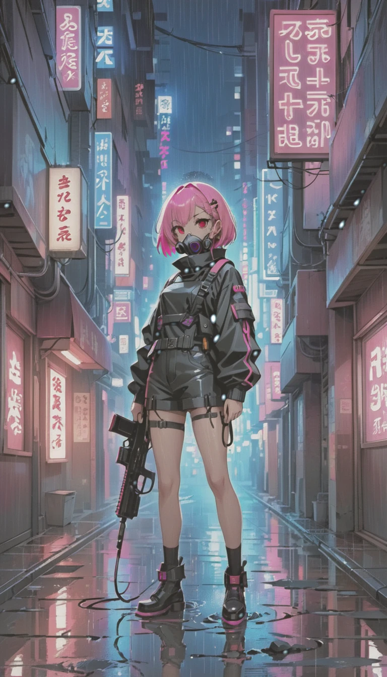 cyber punk，Cute Armed Girl，bob，The inner color of the hair is pink，Blood on the face，neon blue，neon pink，neon sign，narrow back alley，kabukicho，Underground，downtown at night，A lot of neon signiscellaneous，night rain，get wet in the rain，Reflected in a puddle，Mechanical Townscape，雑居ビルにneon sign，Electric wires are strung all over the place.，night town，Crow，railgun，hold a gun，A gas mask like Casshern，Red eyes glowing，end of the century，Make the neon shine brightly，Overall dark，Increase saturation