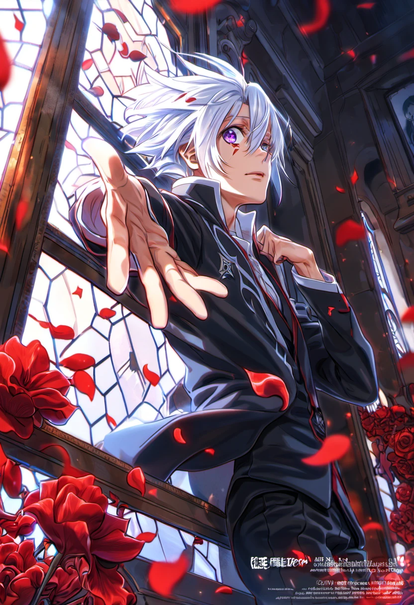 absurdres, highres, ultra detailed, HDR), master piece, best quality, Allen Walker, white hair, expressive purple eyes, D Gray Man, 1man, handsome, black clothes, window, moon, red petals