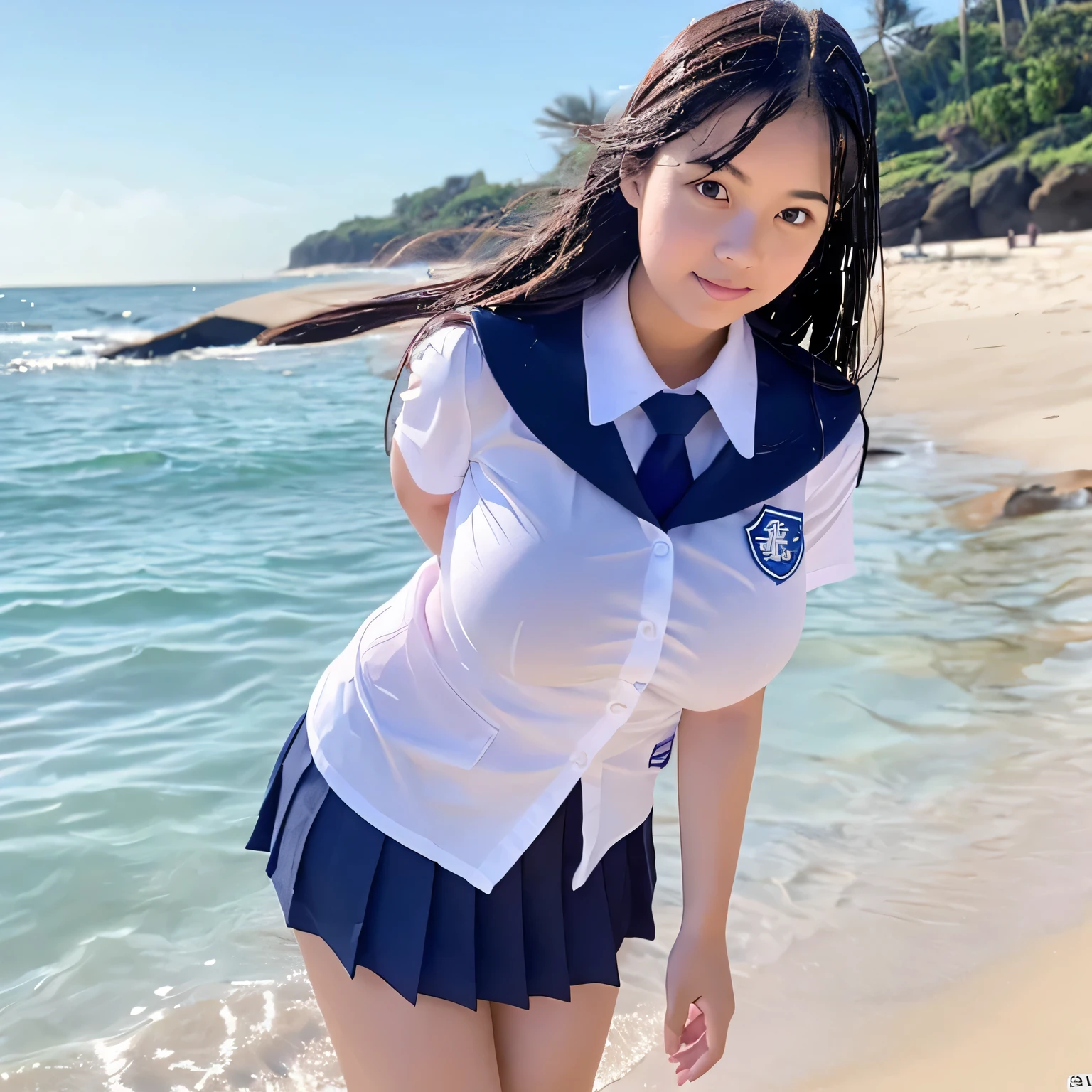 selfie, ((beautiful anime eyes with fine detail)), (((very cute, 1girl))), ((solo)), (()), (big breast:1.8), nsfw, ((beautiful anime eyes with fine detail)), (smile:1.3), realistic skin, ((((sailor suit)))), ((suit lift)),  ((showing nipples)), (Navy blue pleated mini skirt), The sea shining like a jewel, ((be soaked in water))