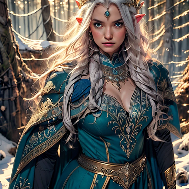 Wearing an ice crown、Woman wearing navy blue winter cloak with gold details , topless, snowflake brooch. long blue hair, long blue hair. Winter queen, elf princess, portrait of uma elf queen, elf queen, winter princess, uma elf queen, type germ em artstation pixiv, whole body. standing in the snow，In front of you is a huge ice castle. rpg character. medieval era. elf woman. Red-haired elves. blue eyes. Forest Elves. Forest Elves Warrior. Elf Archer. Medieval archers. archery. Organic Amadurlah. Moss green armor. soft lighting. Standing in the middle of the forest. Dense forest. bioluminescent mushrooms. fantastic environment. sunlight. sunshine. Warm highlights. Blue and yellow-green color palette. Role playing game character design. IG Model | type germ, :: Ross Drawing, The artwork is not guweiz&#39;s style, extremamly detailed type germ. whole body, Castle detailed background, Super detailed, Detailed face, Sincere POV photos, Park Lee Jeffries, Nikon D850, movie stock photography ,4 ending portra 400, F1 camera lens.6, colorful, Surreal, Realistic texture, dramatic lighting, film alembic 800 (8K, original photo, better quality, masterpiece: 1.2), Super detailed, (highly refined skin: 1.2), 8K UHD, DSLR camera, soft lighting, high quality.