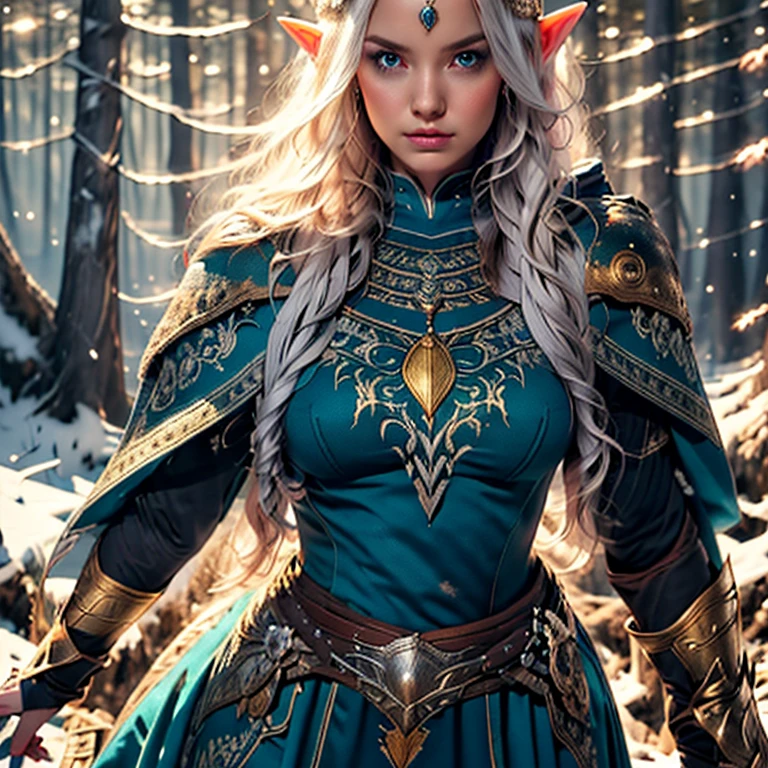 Wearing an ice crown、Woman wearing navy blue winter cloak with gold details , topless, snowflake brooch. long blue hair, long blue hair. Winter queen, elf princess, portrait of uma elf queen, elf queen, winter princess, uma elf queen, type germ em artstation pixiv, whole body. standing in the snow,In front of you is a huge ice castle. rpg character. medieval era. elf woman. Red-haired elves. blue eyes. Forest Elves. Forest Elves Warrior. Elf Archer. Medieval archers. archery. Organic Amadurlah. Moss green armor. soft lighting. Standing in the middle of the forest. Dense forest. bioluminescent mushrooms. fantastic environment. sunlight. sunshine. Warm highlights. Blue and yellow-green color palette. Role playing game character design. IG Model | type germ, :: Ross Drawing, The artwork is not guweiz's style, extremamly detailed type germ. whole body, Castle detailed background, Super detailed, Detailed face, Sincere POV photos, Park Lee Jeffries, Nikon D850, movie stock photography ,4 ending portra 400, F1 camera lens.6, colorful, Surreal, Realistic texture, dramatic lighting, film alembic 800 (8K, original photo, better quality, masterpiece: 1.2), Super detailed, (highly refined skin: 1.2), 8K UHD, DSLR camera, soft lighting, high quality.