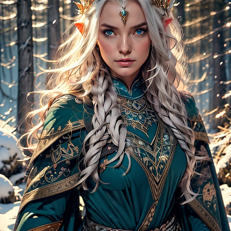 Wearing an ice crown、Woman wearing navy blue winter cloak with gold details , topless, snowflake brooch. long blue hair, long blue hair. Winter queen, elf princess, portrait of uma elf queen, elf queen, winter princess, uma elf queen, type germ em artstation pixiv, whole body. standing in the snow,In front of you is a huge ice castle. rpg character. medieval era. elf woman. Red-haired elves. blue eyes. Forest Elves. Forest Elves Warrior. Elf Archer. Medieval archers. archery. Organic Amadurlah. Moss green armor. soft lighting. Standing in the middle of the forest. Dense forest. bioluminescent mushrooms. fantastic environment. sunlight. sunshine. Warm highlights. Blue and yellow-green color palette. Role playing game character design. IG Model | type germ, :: Ross Drawing, The artwork is not guweiz's style, extremamly detailed type germ. whole body, Castle detailed background, Super detailed, Detailed face, Sincere POV photos, Park Lee Jeffries, Nikon D850, movie stock photography ,4 ending portra 400, F1 camera lens.6, colorful, Surreal, Realistic texture, dramatic lighting, film alembic 800 (8K, original photo, better quality, masterpiece: 1.2), Super detailed, (highly refined skin: 1.2), 8K UHD, DSLR camera, soft lighting, high quality.