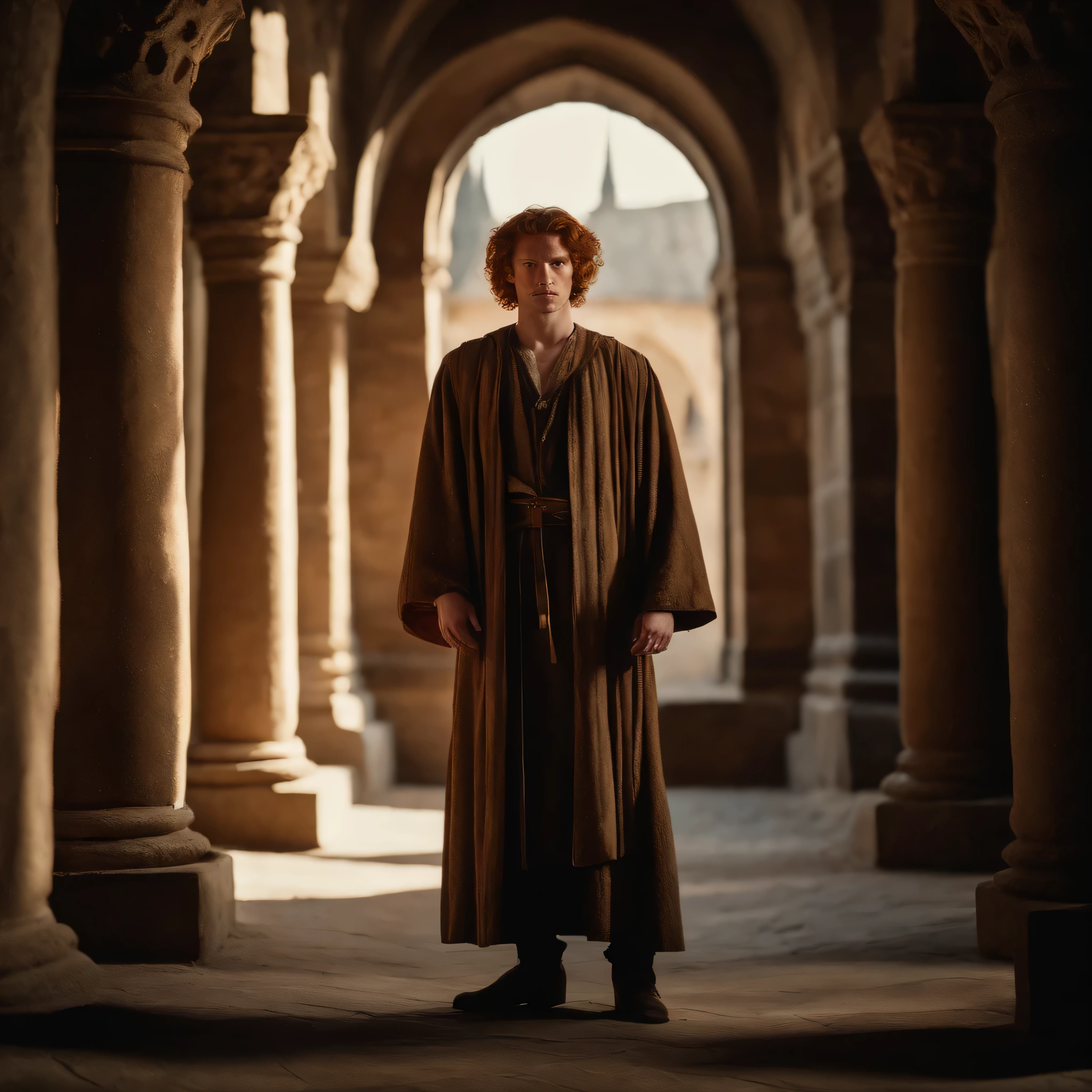 A scrawny Ginger Haired, Male, , Pale skin, freckles, Hazel Eye color, wearing Noble Robes, Dramatic Lighting, HD, inside a Castle