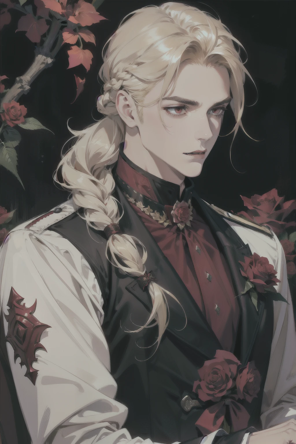 (absurdres, highres, ultra detailed), 1 male, adult, handsome, tall muscular guy, broad shoulders, finely detailed eyes and detailed face, blonde long braided hair, red eyes, handsome, suit, fantasy, uniform, royal, gothic, vampire, flowers blooming brightly-bloomed flowers, red roses, Sunlight, Fantastic light and shadow, Scenery, portrait, vampire fangs, open mouth, sexy, attractive, offering a red rose