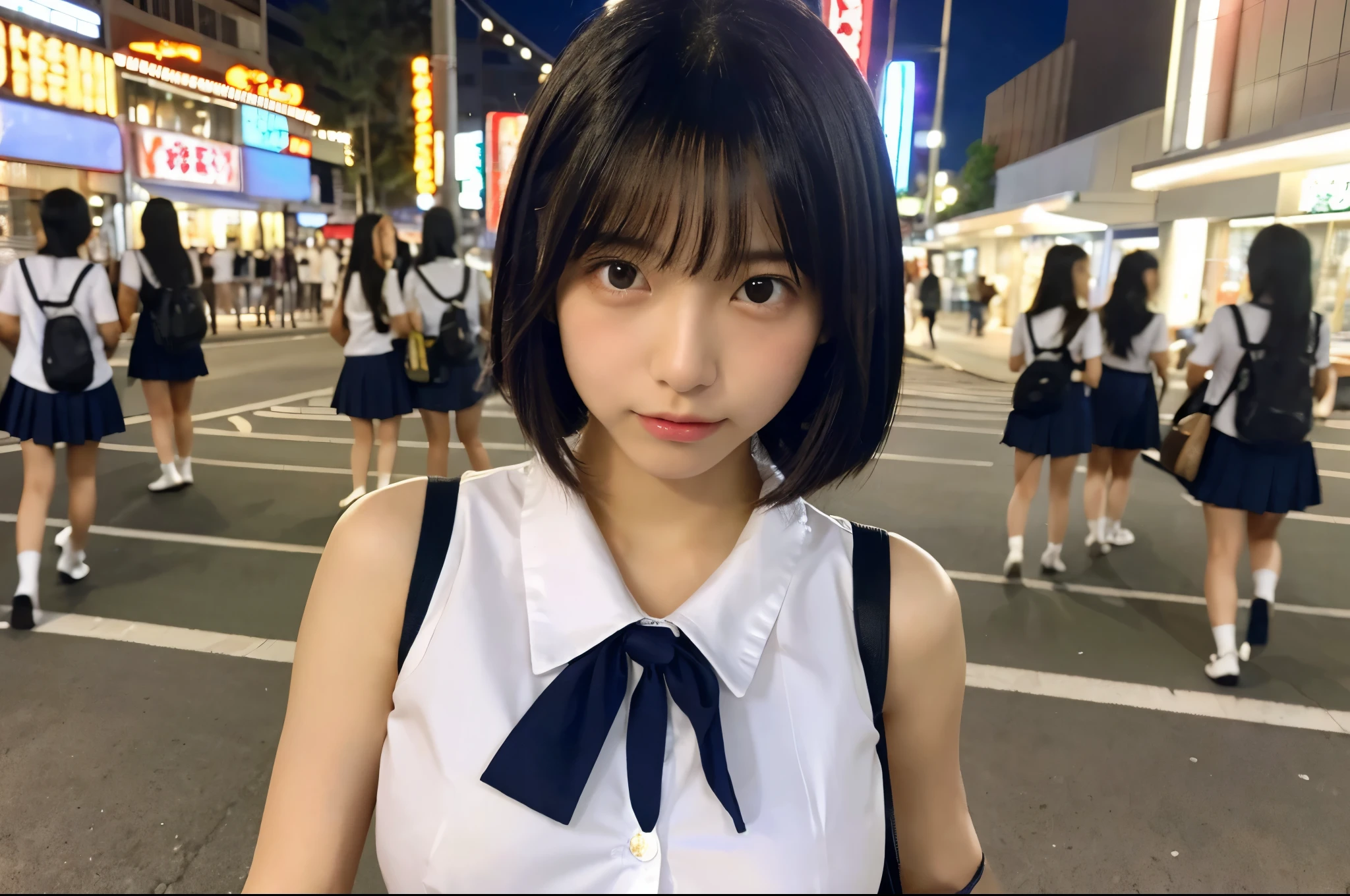 sleeveless uniform high school girl White cotton shirt big breasts Super detailed super high quality super high quality surreal photograph 3 Japanese girls (Each girl has a different hairstyle randomly、different face:1.3) Fair skin ((half-open lips:1.3)) beautiful and soft skin ((Beautifully styled straight short hair)) beautiful and perfect body very cute A beautiful and transparent young man々new skin 16 years oldを着たhigh school girl) big breasts whole body everyday city busy city ((night)) viewer'perspective Front view (big breasts:1.3) (cleavage) (amazingly cute girl:1.3) (whole bodyポートレート)