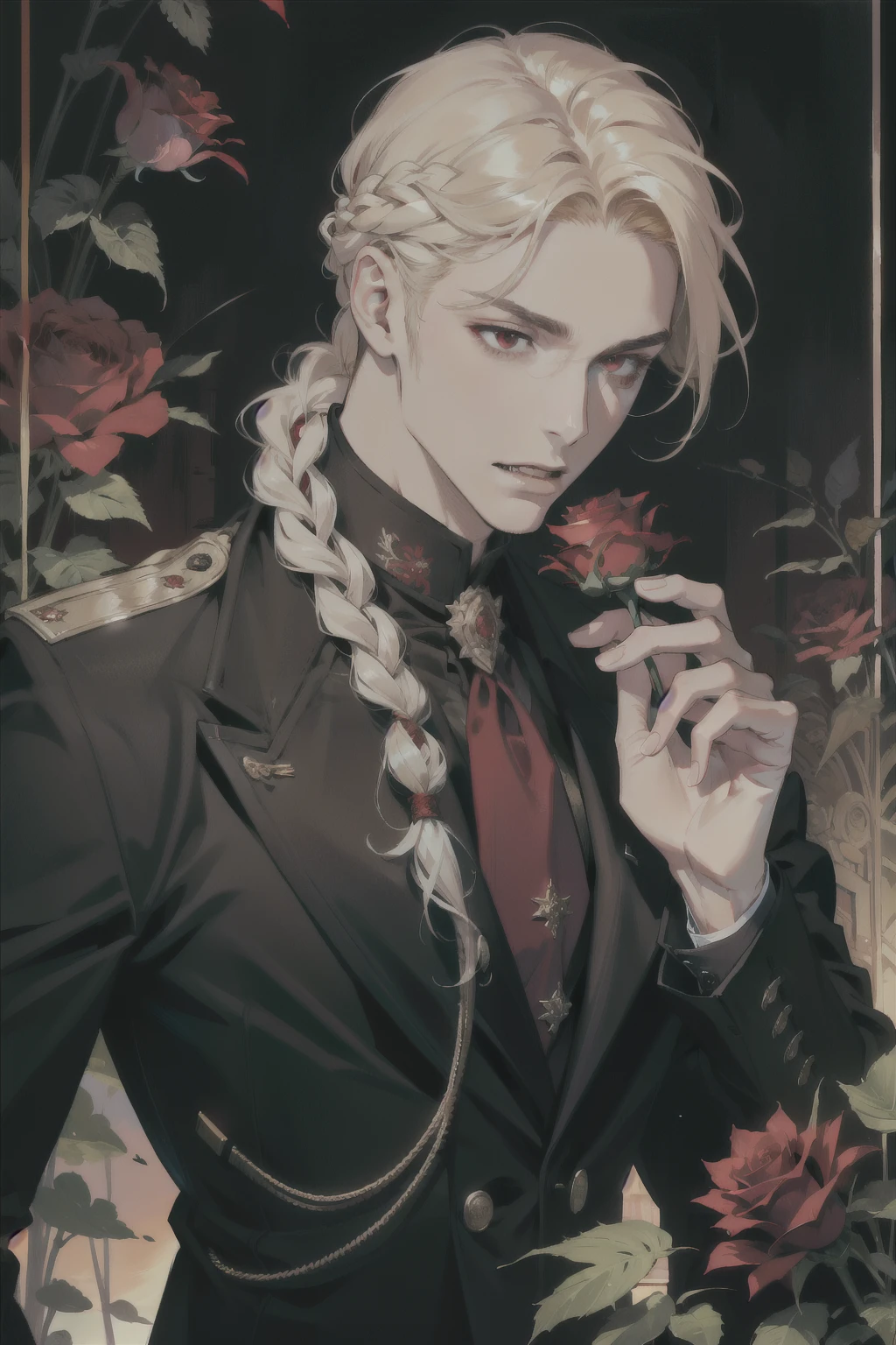 (absurdres, highres, ultra detailed), 1 male, adult, handsome, tall muscular guy, broad shoulders, finely detailed eyes and detailed face, blonde long braided hair, red eyes, handsome, suit, fantasy, uniform, royal, gothic, vampire, flowers blooming brightly-bloomed flowers, red roses, Sunlight, Fantastic light and shadow, Scenery, portrait, vampire fangs, open mouth, sexy, attractive, offering a red rose